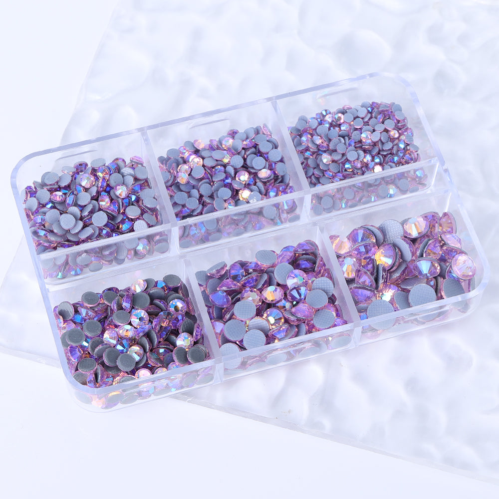Mixed Sizes 6 Grid Box Light Pink AB Glass HotFix Rhinestones For Clothing DIY