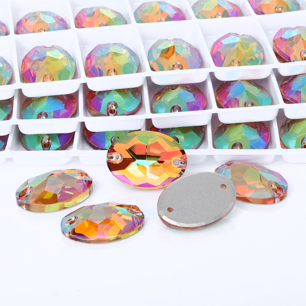 Iridescent Green Oval Shape High Quality Glass Sew-on Rhinestones WholesaleRhinestone
