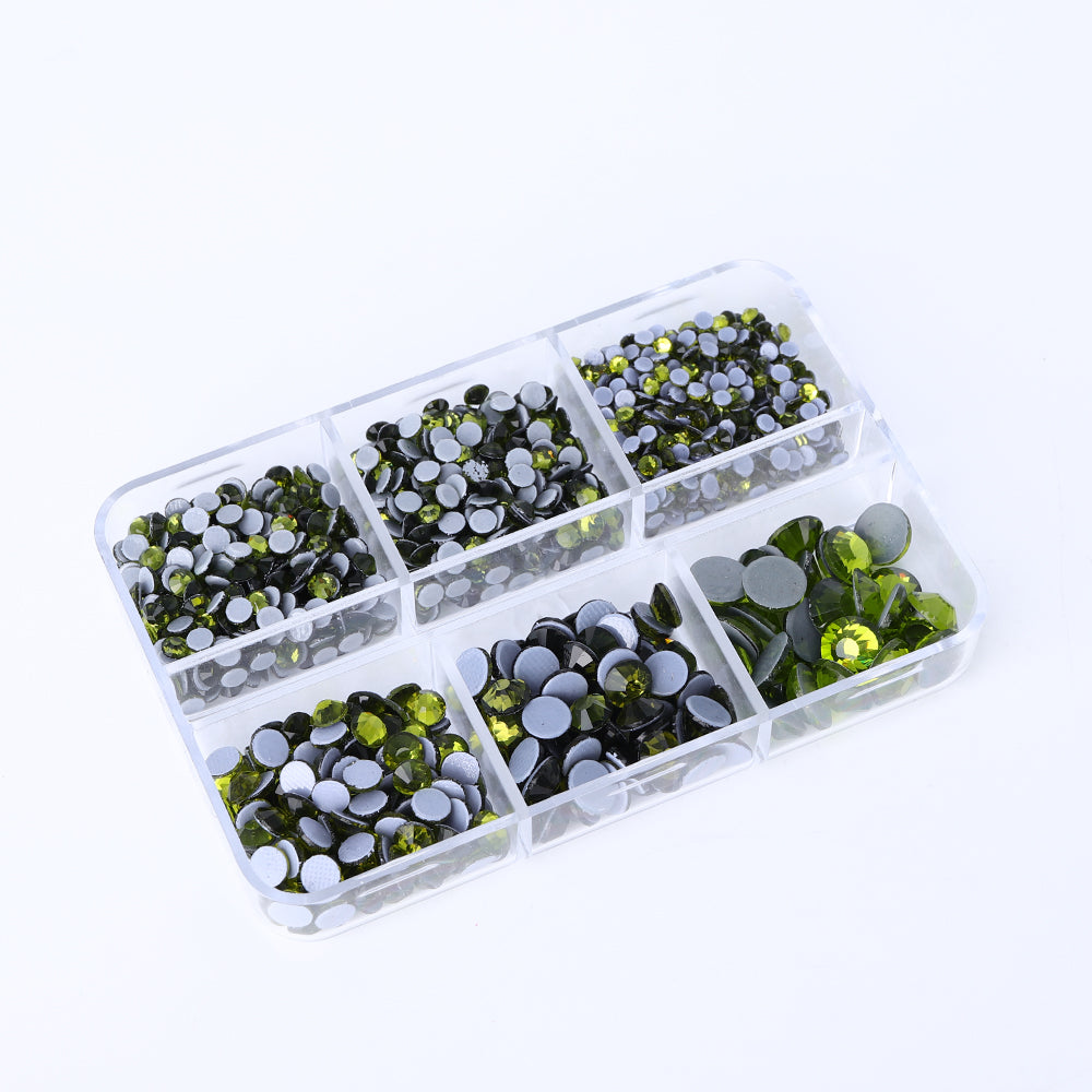 Mixed Sizes 6 Grid Box Olive Green Glass HotFix Rhinestones For Clothing DIY Secondary image