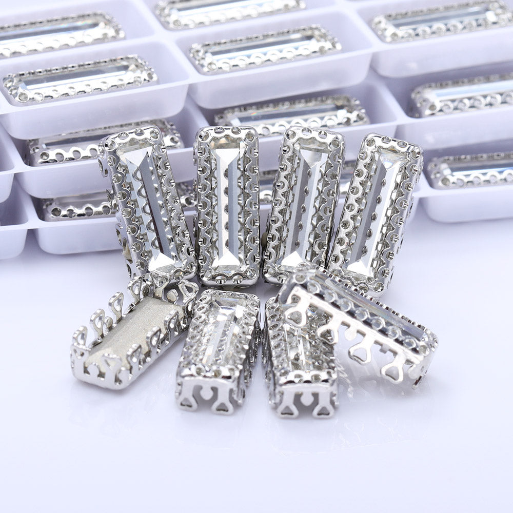 Crystal Princess Baguette Shape High-Quality Glass Sew-on Nest Hollow Claw Rhinestones