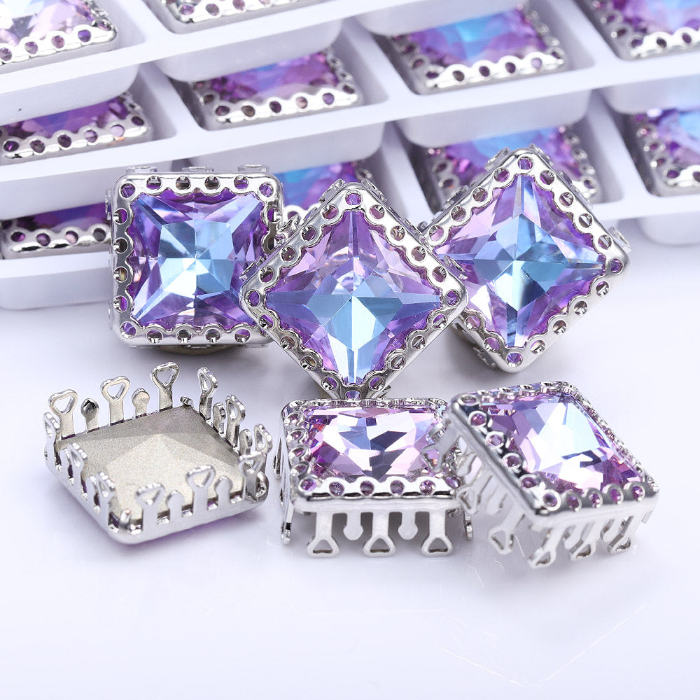 Vitrail Light Princess Square Shape高品質のガラス縫製巣の中空の爪Rhinestones