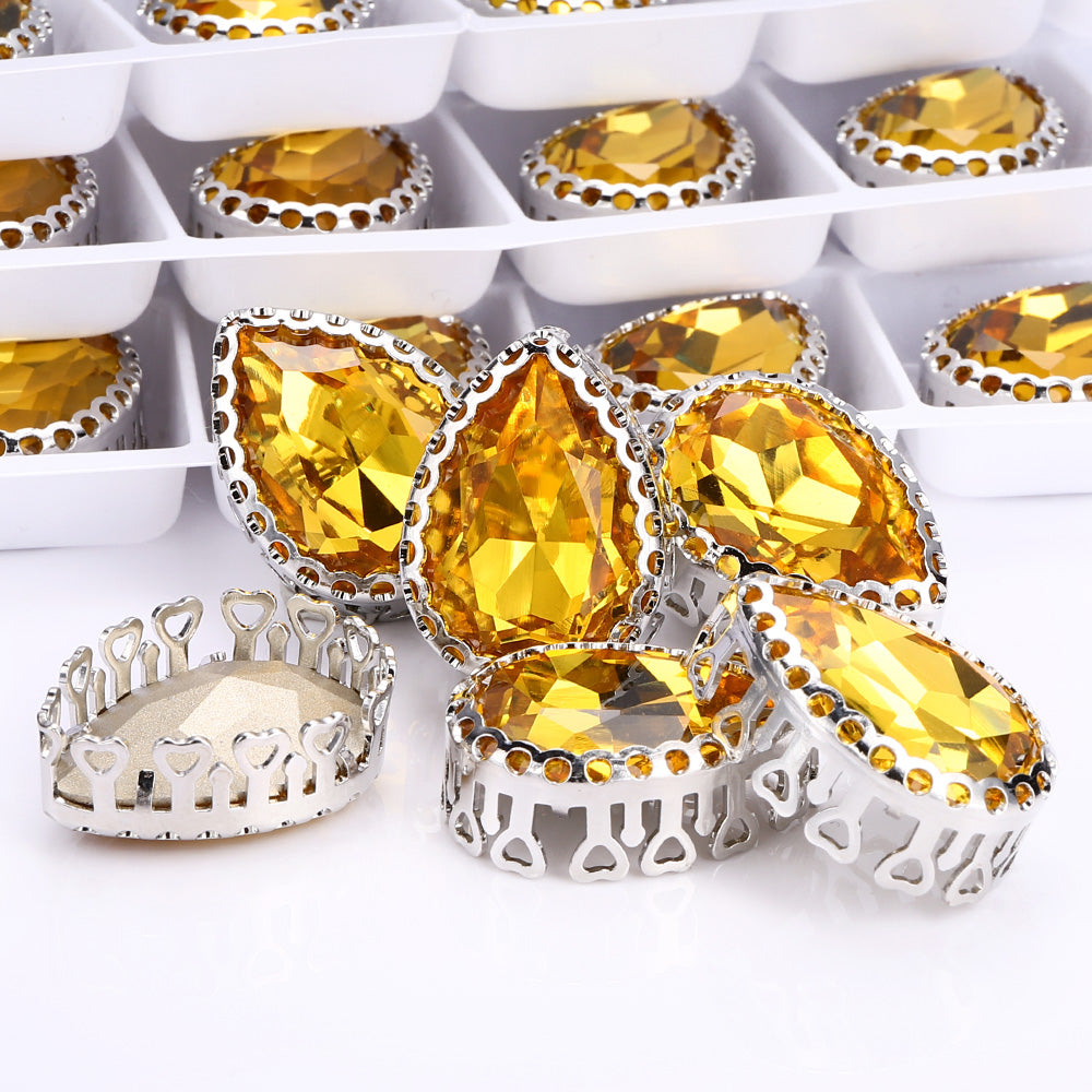 Light Topaz Drop Shape High-Quality Glass Sew-on Nest Hollow Claw Rhinestones WholesaleRhinestone