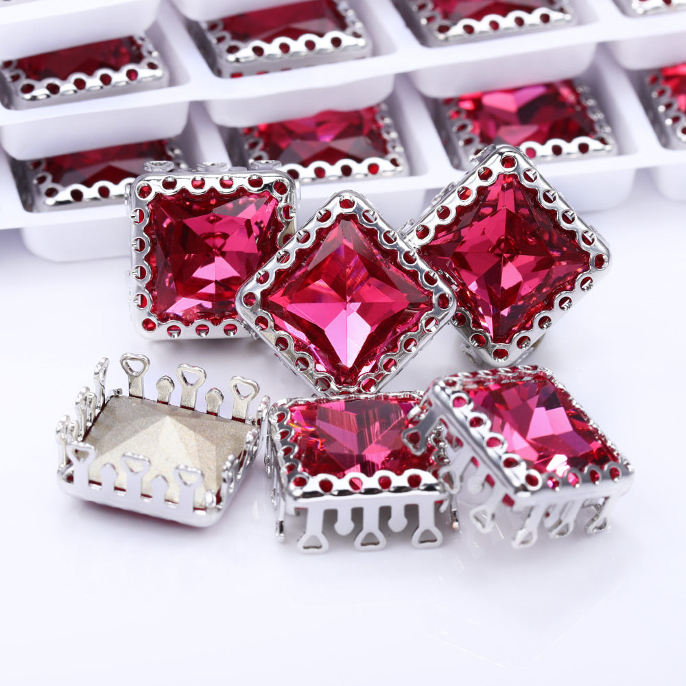 Rose Princess Square Shape High-Quality Glass Sew-on Nest Hollow Claw Rhinestones