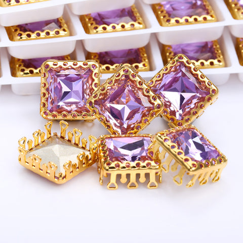 Violet Princess Square Shape High-Quality Glass Sew-on Nest Hollow Claw Rhinestones