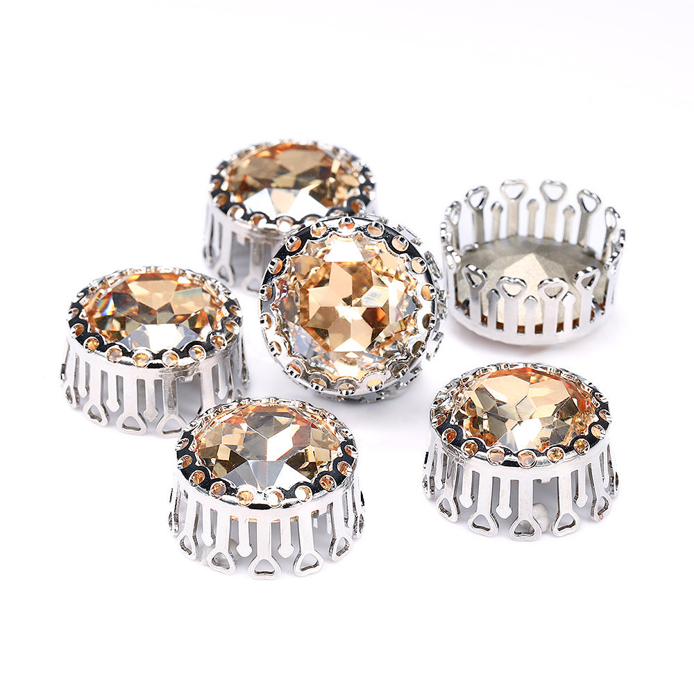 Golden Shadow Gemstone Flower Round Shape High-Quality Glass Sew-on Nest Hollow Claw Rhinestones