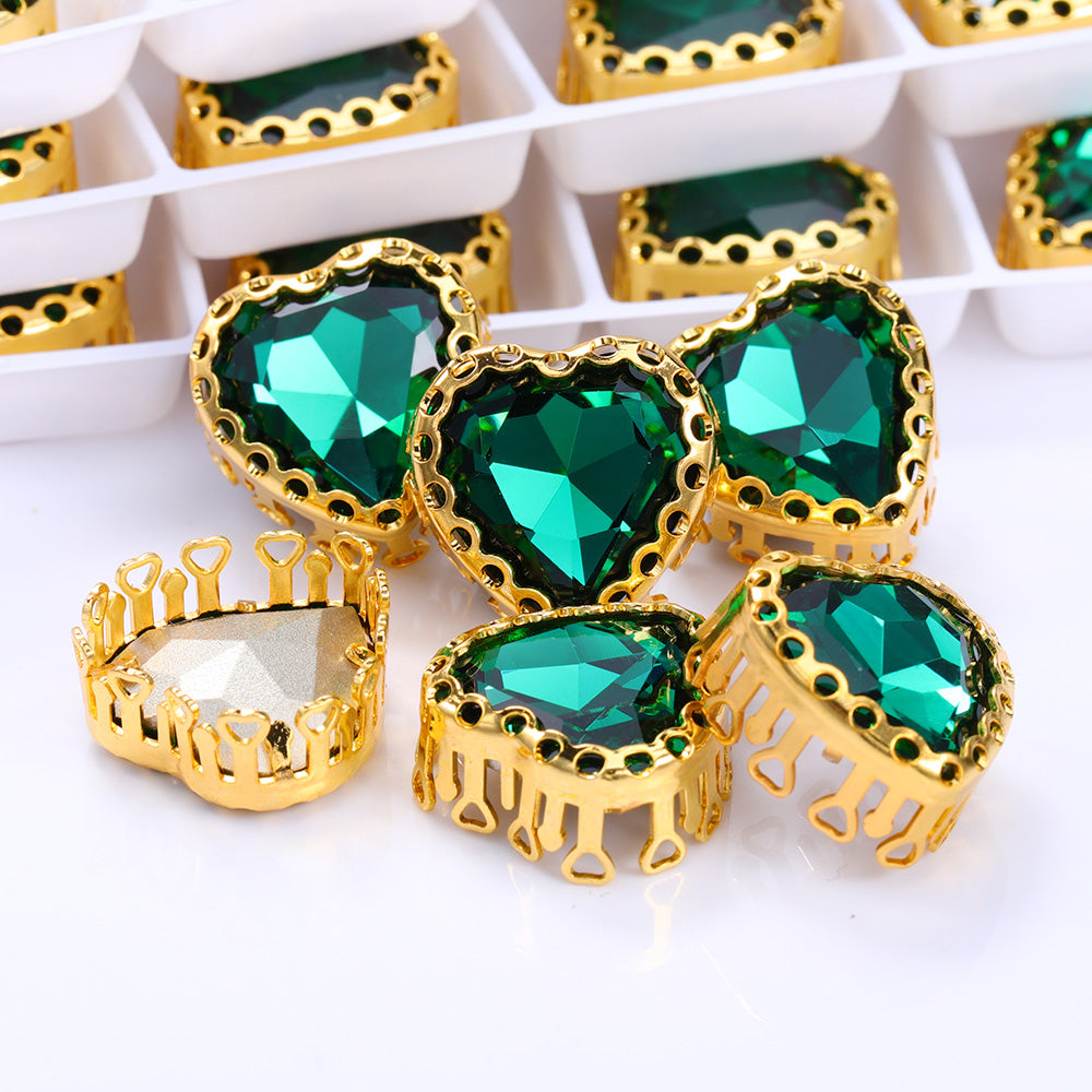 Emerald Maxi Heart Shape High-Quality Glass Sew-on Nest Hollow Claw Rhinestones