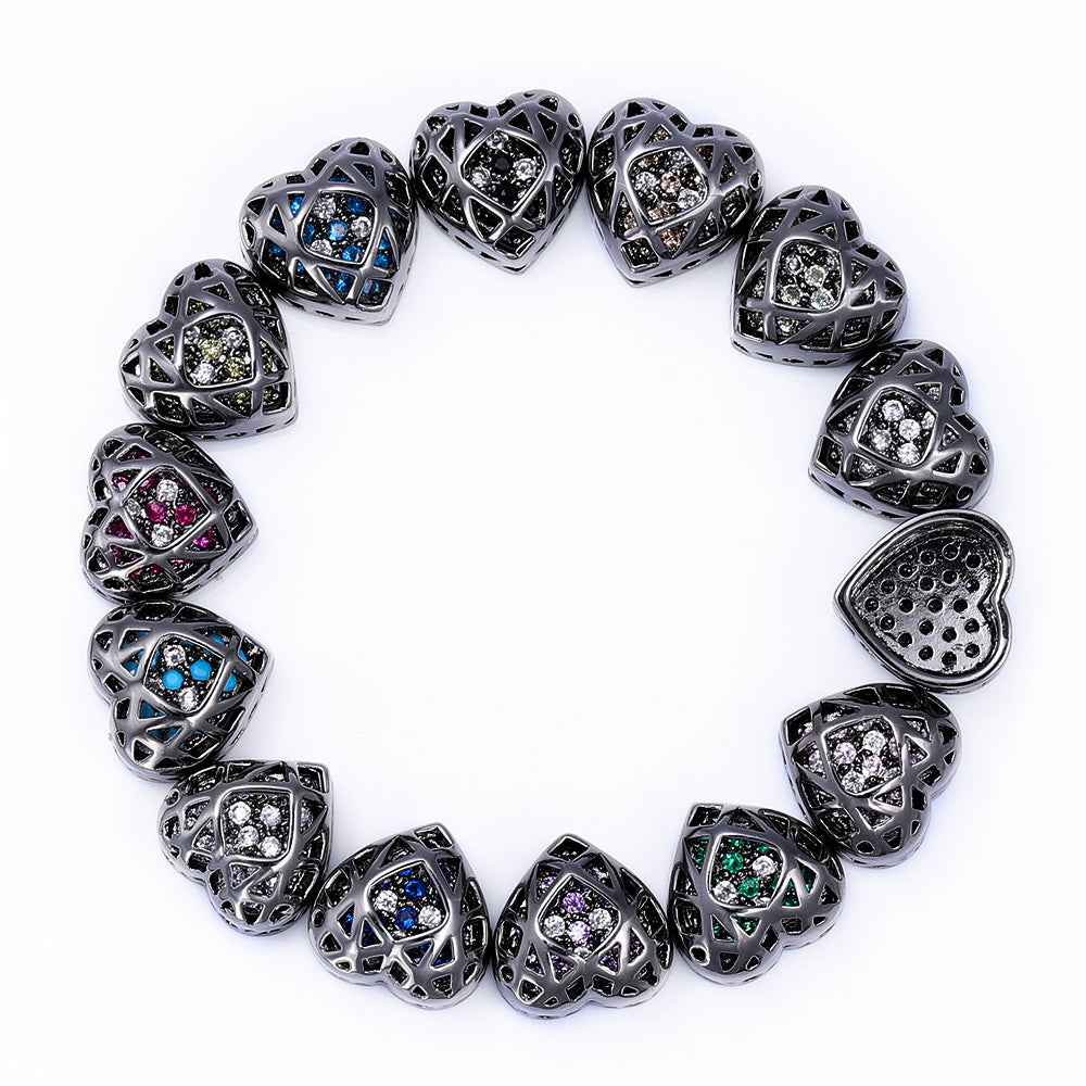 Heart Shape Hematite Plated High-Quality Sew-on Alloy Charms Inlaid Cubic Zirconia