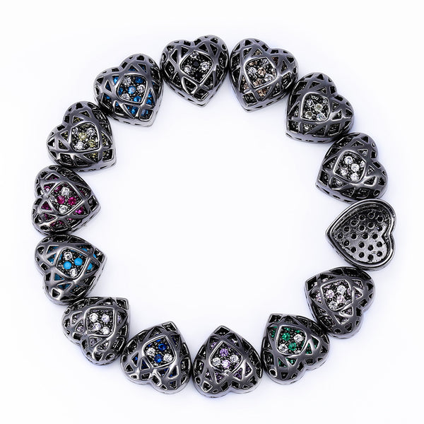 Heart Shape Hematite Plated High-Quality Sew-on Alloy Charms Inlaid Cubic Zirconia WholesaleRhinestone