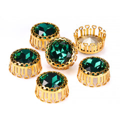 Emerald Gemstone Flower Round Shape High-Quality Glass Sew-on Nest Hollow Claw Rhinestones