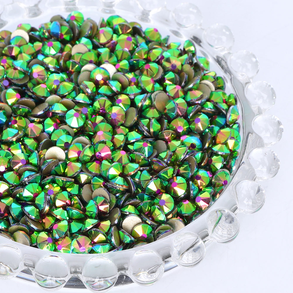 Peacock Green Glass Flat Back Glue-On Rhinestones 16 Cut Facets In Bulk