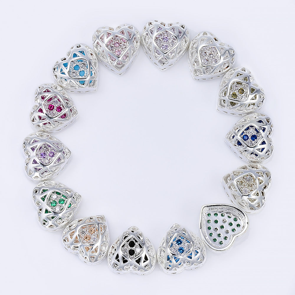 Heart Shape Silver Plated High-Quality Sew-on Alloy Charms Inlaid Cubic Zirconia