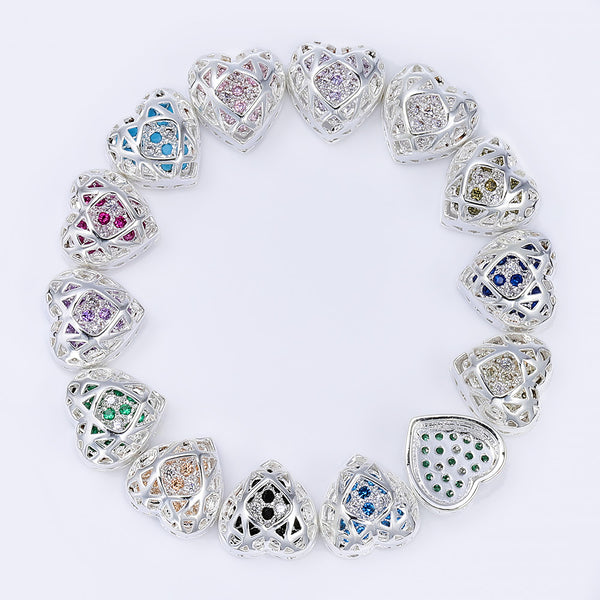 Heart Shape Silver Plated High-Quality Sew-on Alloy Charms Inlaid Cubic Zirconia