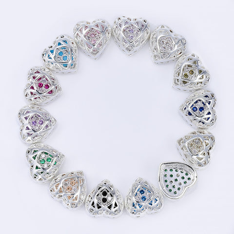Heart Shape Silver Plated High-Quality Sew-on Alloy Charms Inlaid Cubic Zirconia