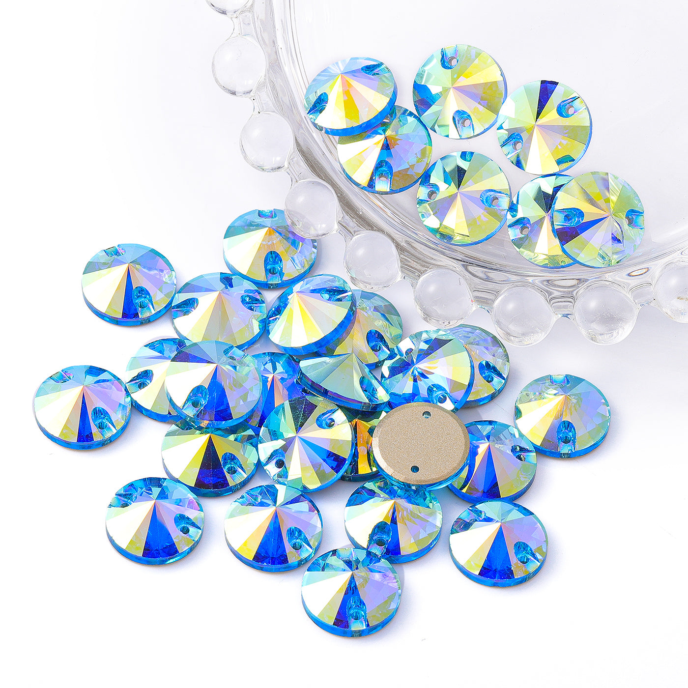 Aquamarine ab rivoli forma glass de vidrio de costura de vidrio