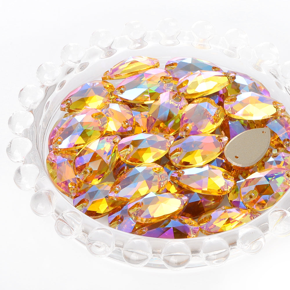 Light Topaz Shimmer Drop Shape High Quality Glass Sew-on Rhinestones WholesaleRhinestone