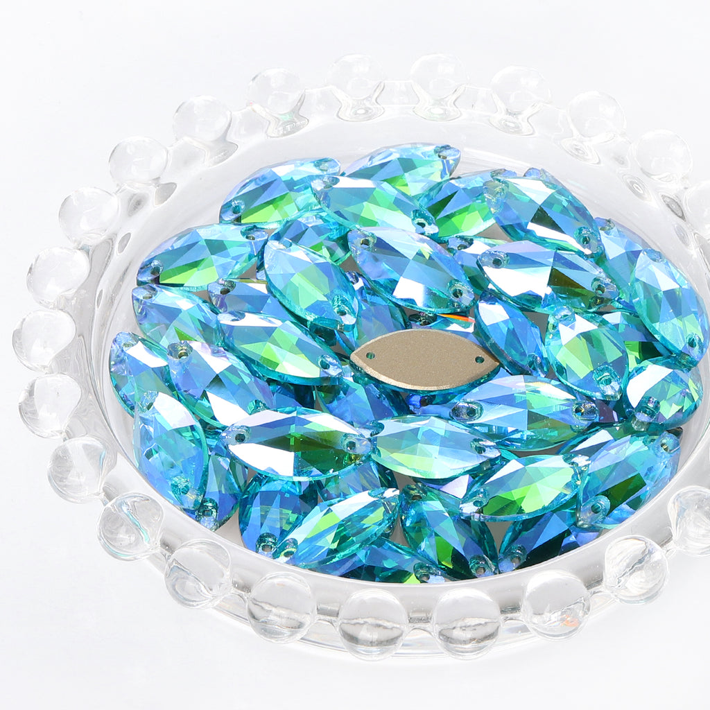 Aquamarine Shimmer Navette Shape High Quality Glass Sew-on Rhinestones