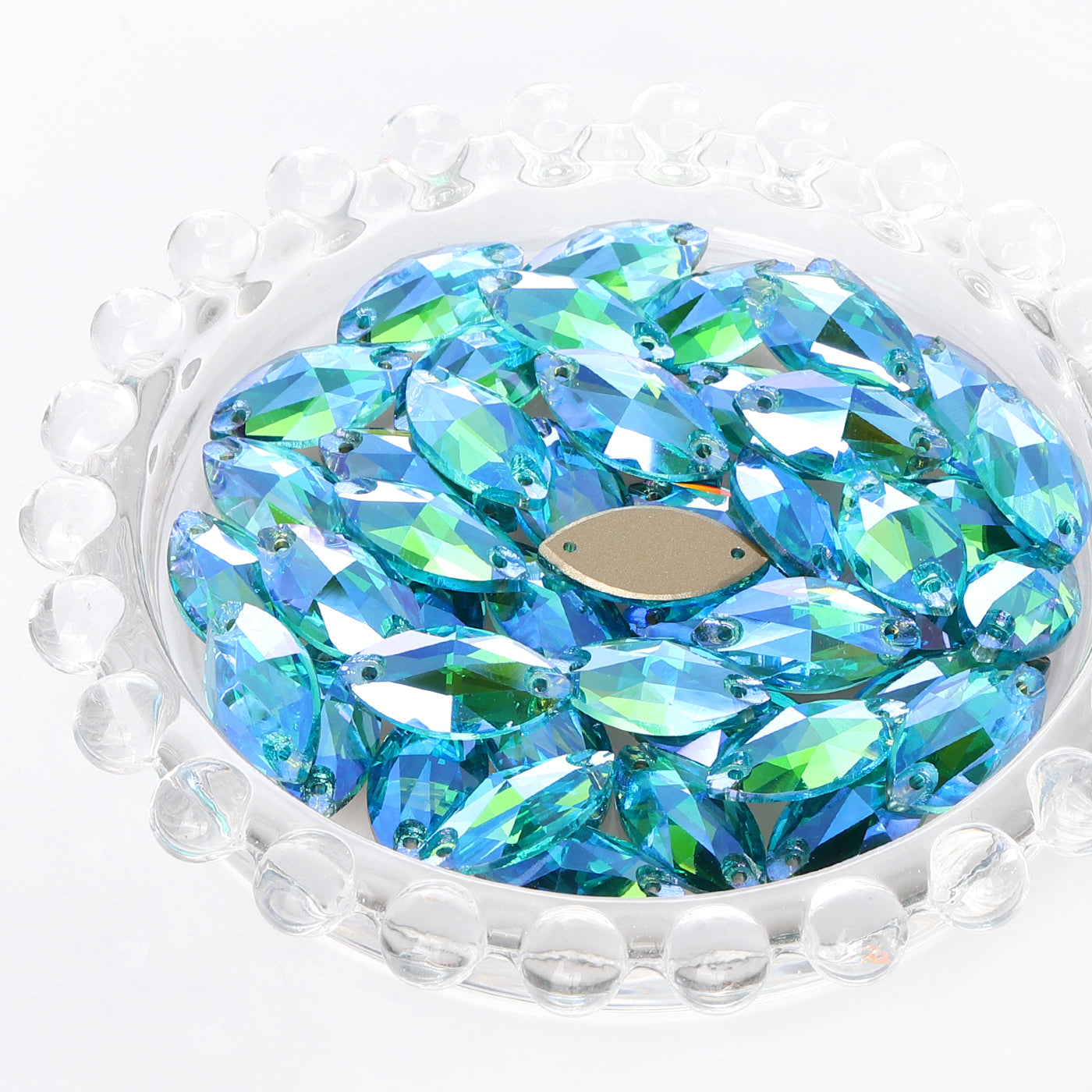 Aquamarine Shimmer Navette Shape High Quality Glass Sew-on Rhinestones