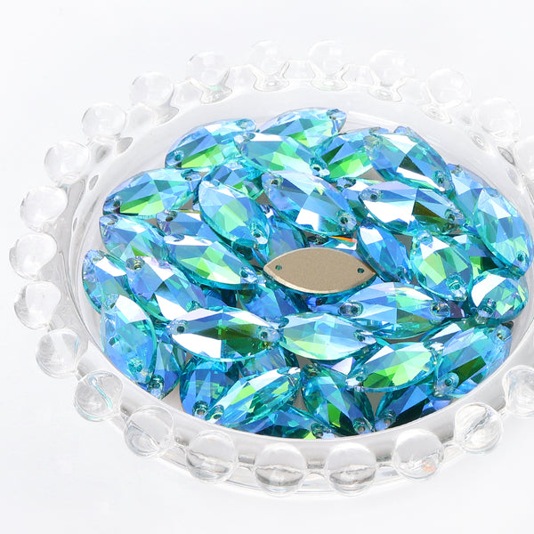 Aquamarine Shimmer Navette Shape High Quality Glass Sew-on Rhinestones
