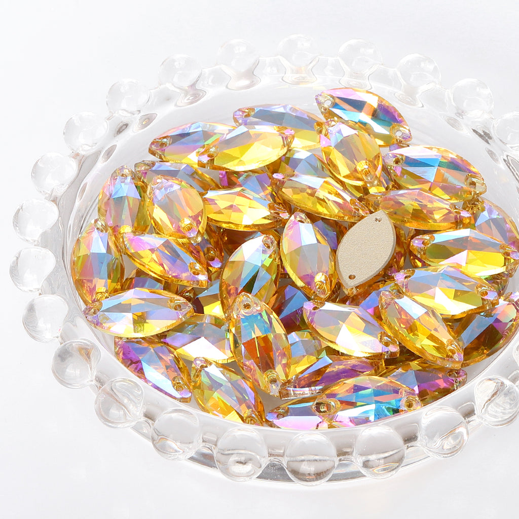 Light Topaz Shimmer Navette Shape High Quality Glass Sew-on Rhinestones WholesaleRhinestone