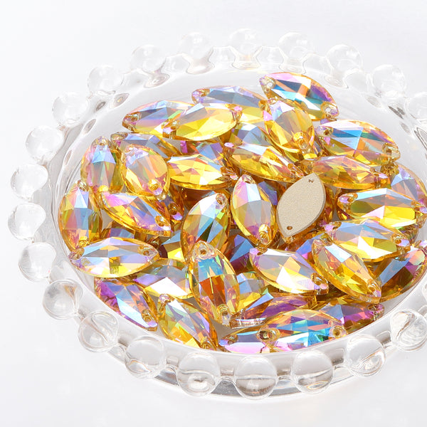Light Topaz Shimmer Navette Shape High Quality Glass Sew-on Rhinestones WholesaleRhinestone
