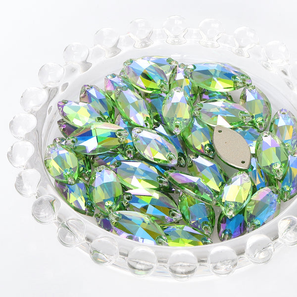 Peridot Shimmer Navette Shape High Quality Glass Sew-on Rhinestones WholesaleRhinestone