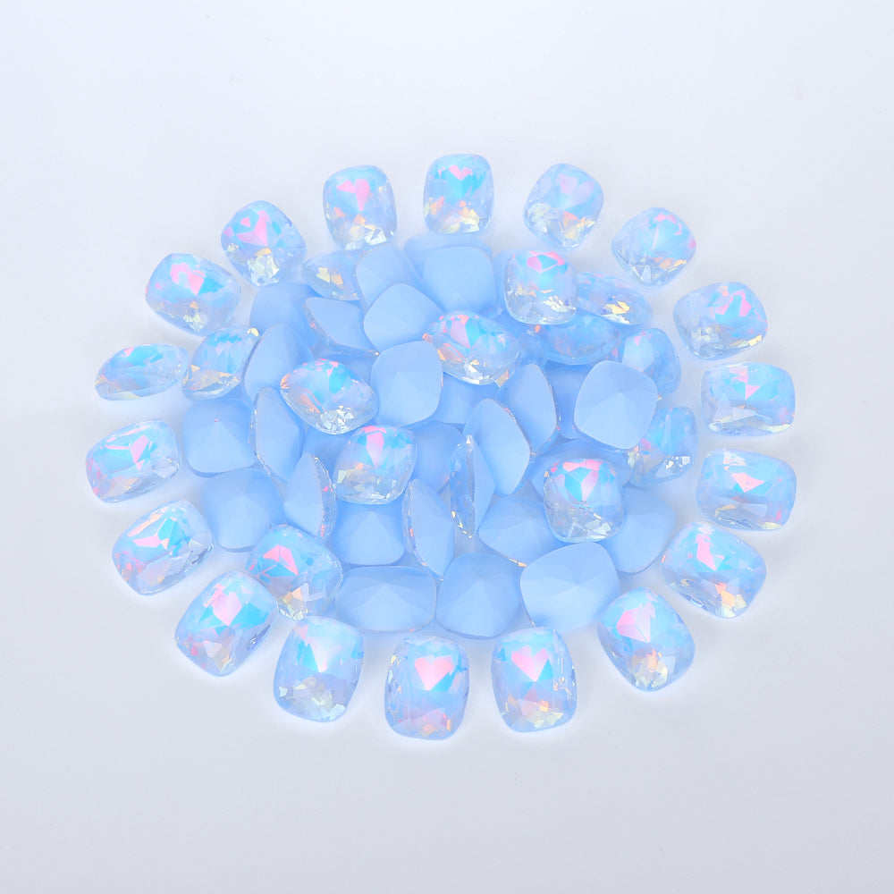 Light Blue AM Pillow Shape Glass Pointed Back Fancy Rhinestones
