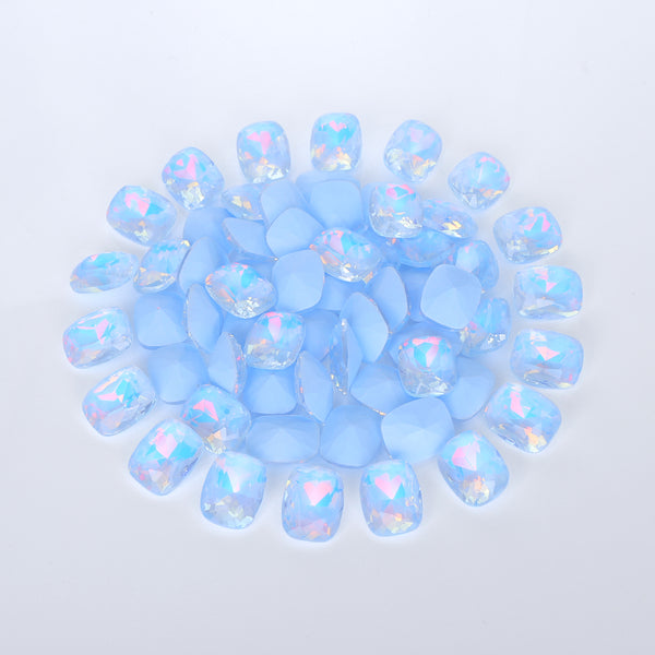 Light Blue AM Pillow Shape Glass Pointed Back Fancy Rhinestones