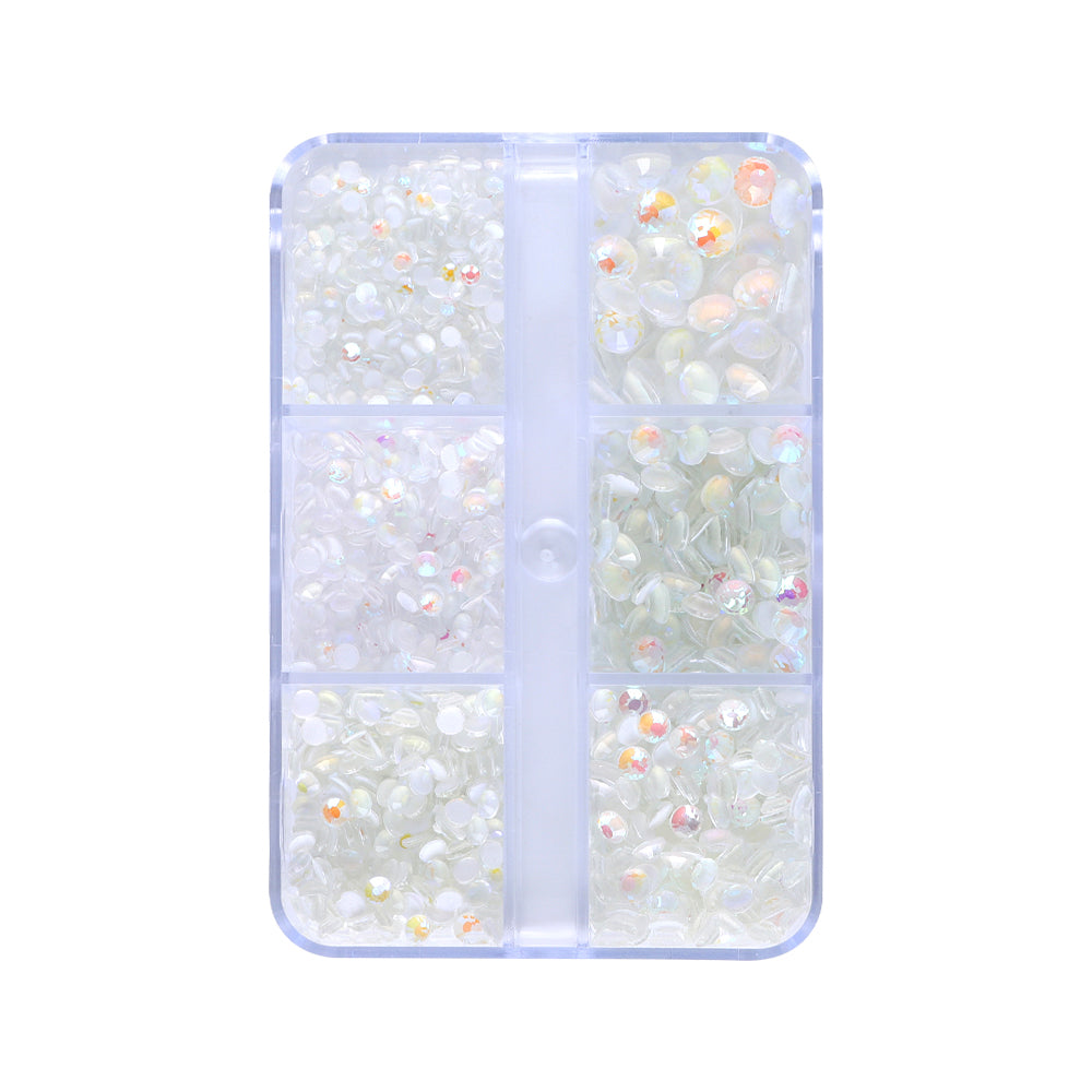 Mixed Sizes 6 Grid Box Mocha Shimmer White Glass FlatBack Rhinestones For Nail Art WholesaleRhinestone Immagine principale del prodotto