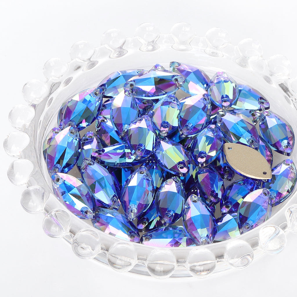 Light Sapphire Shimmer Navette Shape High Quality Glass Sew-on Rhinestones WholesaleRhinestone