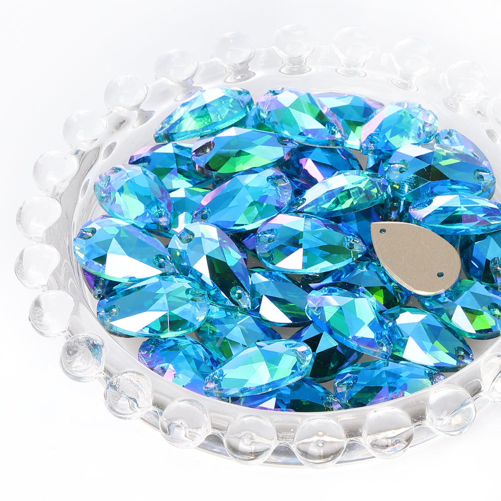 Aquamarine Shimmer Drop Shape High Quality Glass Sew-on Rhinestones WholesaleRhinestone
