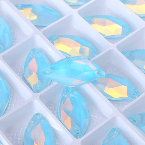 Aquamarine AM Diamond Leaf Shape High Quality Glass Sew-on Rhinestones