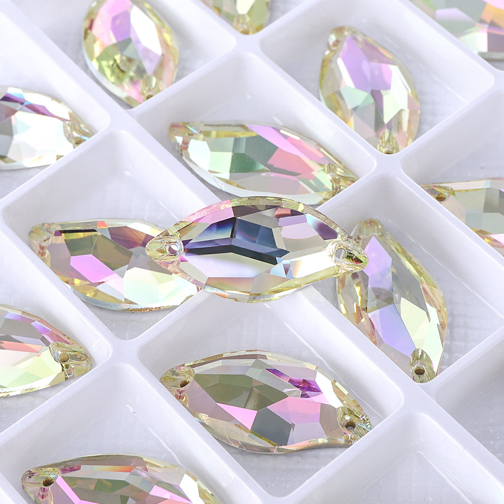 Luminous Green Diamond Leaf Shape High Quality Glass Sew-on Rhinestones