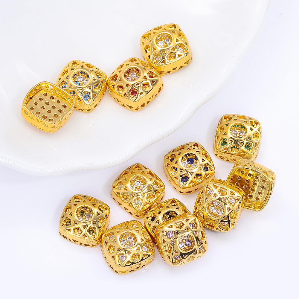 Cushion Square Shape Golden Plated High-Quality Sew-on Alloy Charms Inlaid Cubic Zirconia