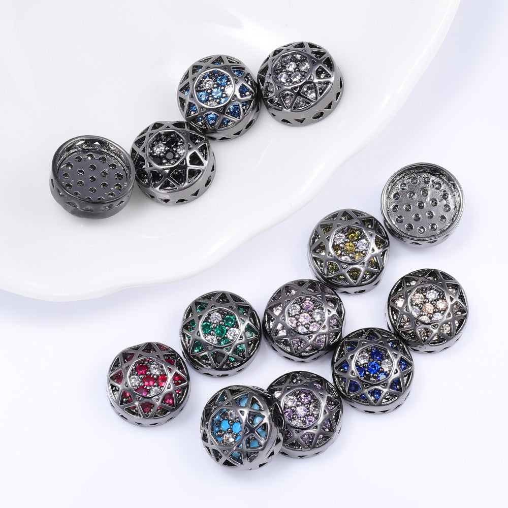 Round Shape Hematite Plated High-Quality Sew-on Alloy Charms Inlaid Cubic Zirconia