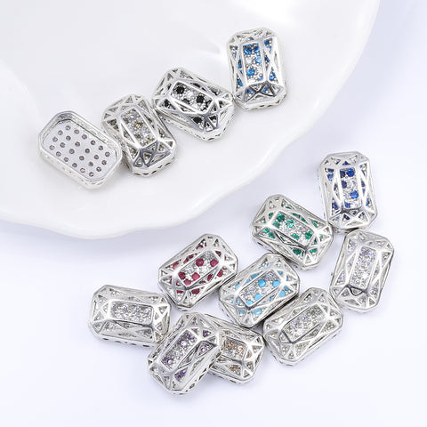 Octagon Shape Silver Plated High-Quality Sew-on Alloy Charms Inlaid Cubic Zirconia