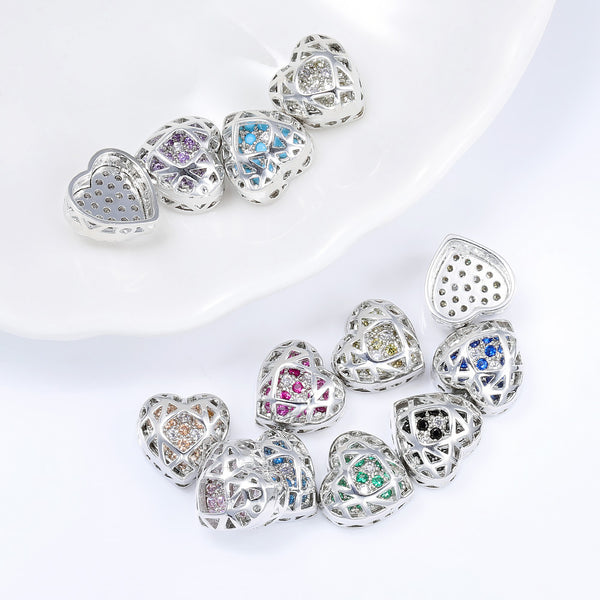 Heart Shape Silver Plated High-Quality Sew-on Alloy Charms Inlaid Cubic Zirconia