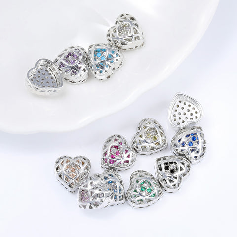 Heart Shape Silver Plated High-Quality Sew-on Alloy Charms Inlaid Cubic Zirconia