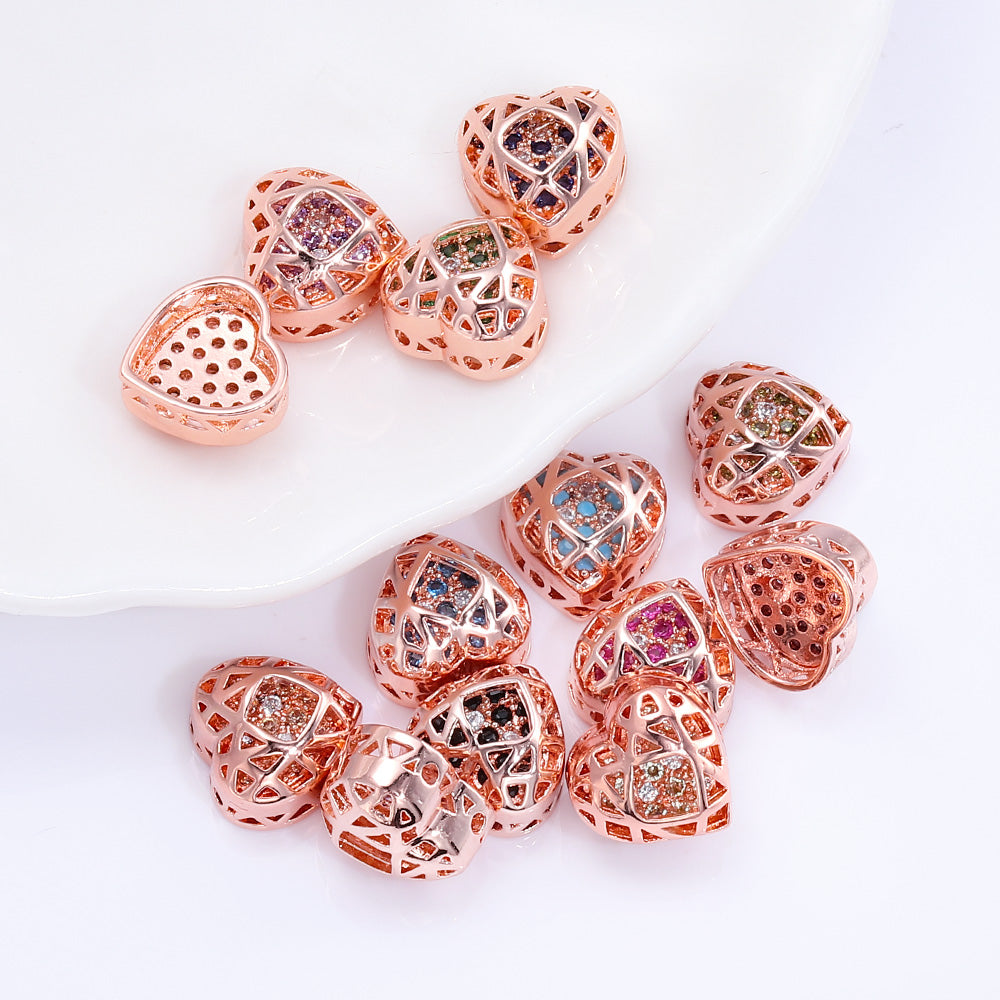 Heart Shape Rose Gold Plated High-Quality Sew-on Alloy Charms Inlaid Cubic Zirconia