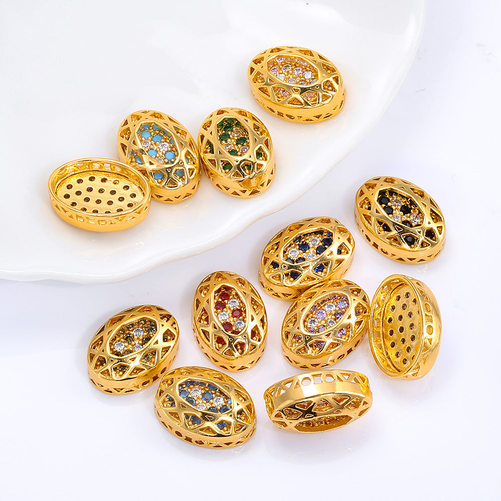 Oval Shape Golden Plated High-Quality Sew-on Alloy Charms Inlaid Cubic Zirconia