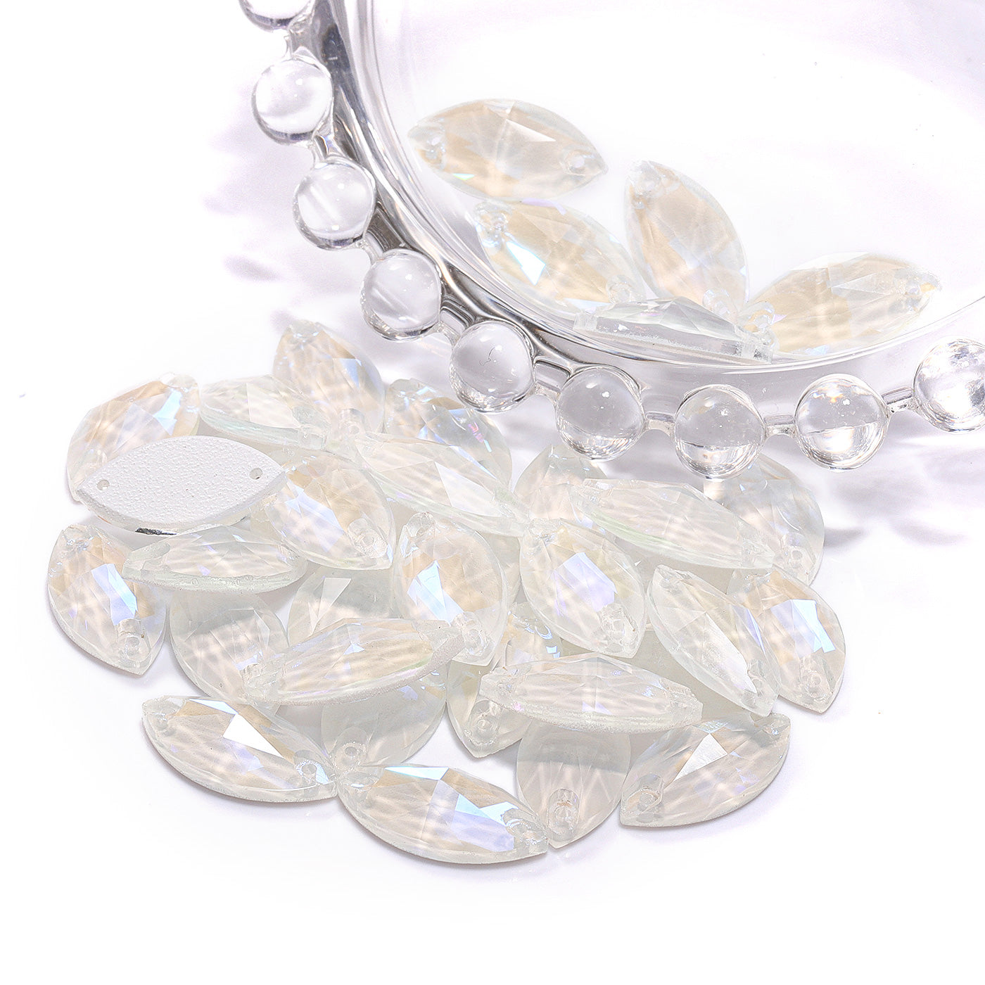 Electric Neon White Navette Shape High Quality Glass Sew-on Rhinestones