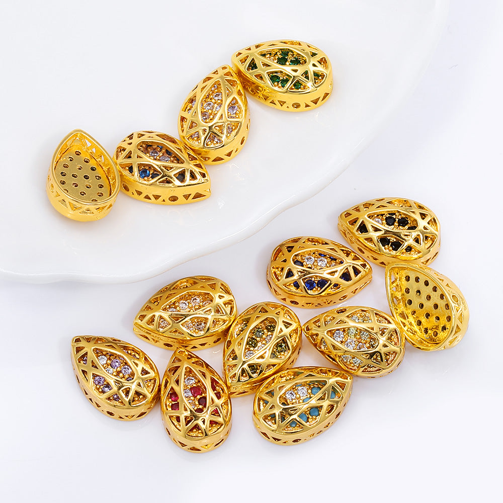 Drop Shape Golden Plated High-Quality Sew-on Alloy Charms Inlaid Cubic Zirconia