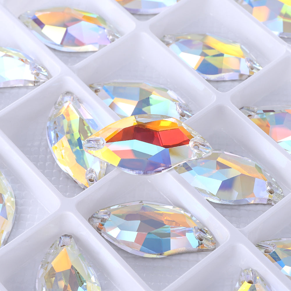 Light Crystal AB Diamond Leaf Shape High Quality Glass Sew-on Rhinestones WholesaleRhinestone