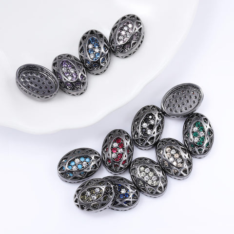 Oval Shape Hematite Plated High-Quality Sew-on Alloy Charms Inlaid Cubic Zirconia