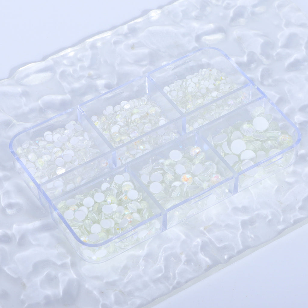 Mixed Sizes 6 Grid Box Mocha SS White Glass FlatBack Rhinestones For Nail Art WholesaleRhinestone