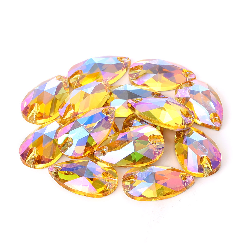 Light Topaz Shimmer Drop Shape High Quality Glass Sew-on Rhinestones WholesaleRhinestone