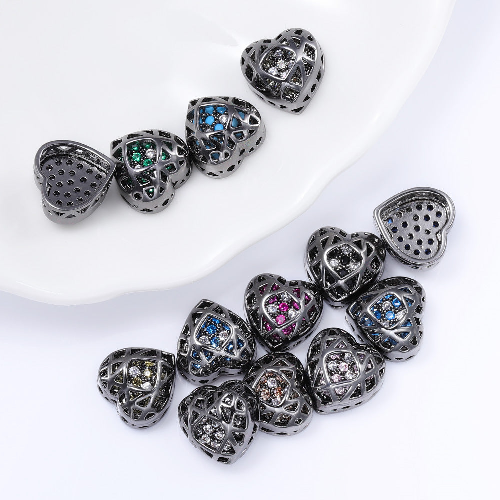 Heart Shape Hematite Plated High-Quality Sew-on Alloy Charms Inlaid Cubic Zirconia