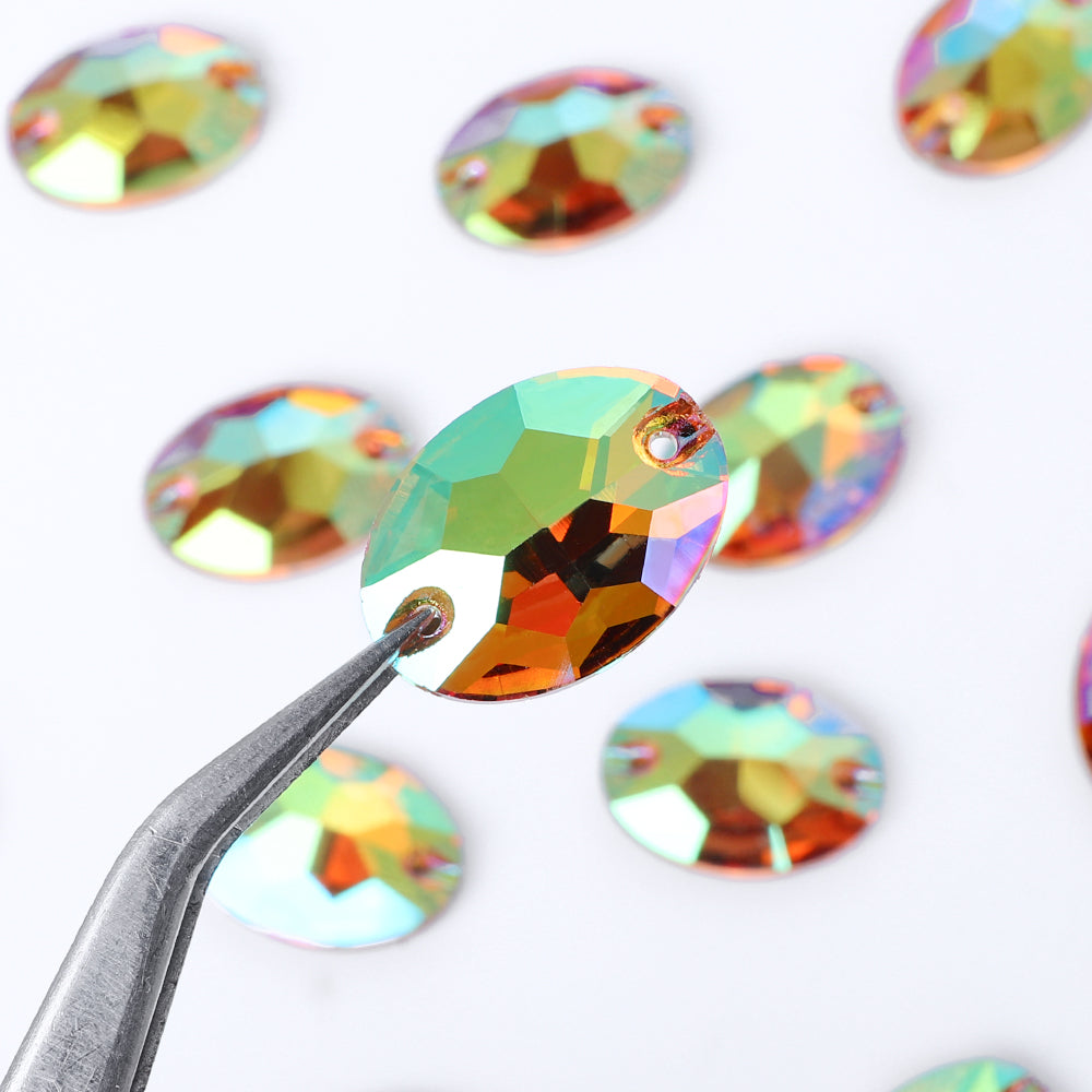 Iridescent Green Oval Shape High Quality Glass Sew-on Rhinestones WholesaleRhinestone
