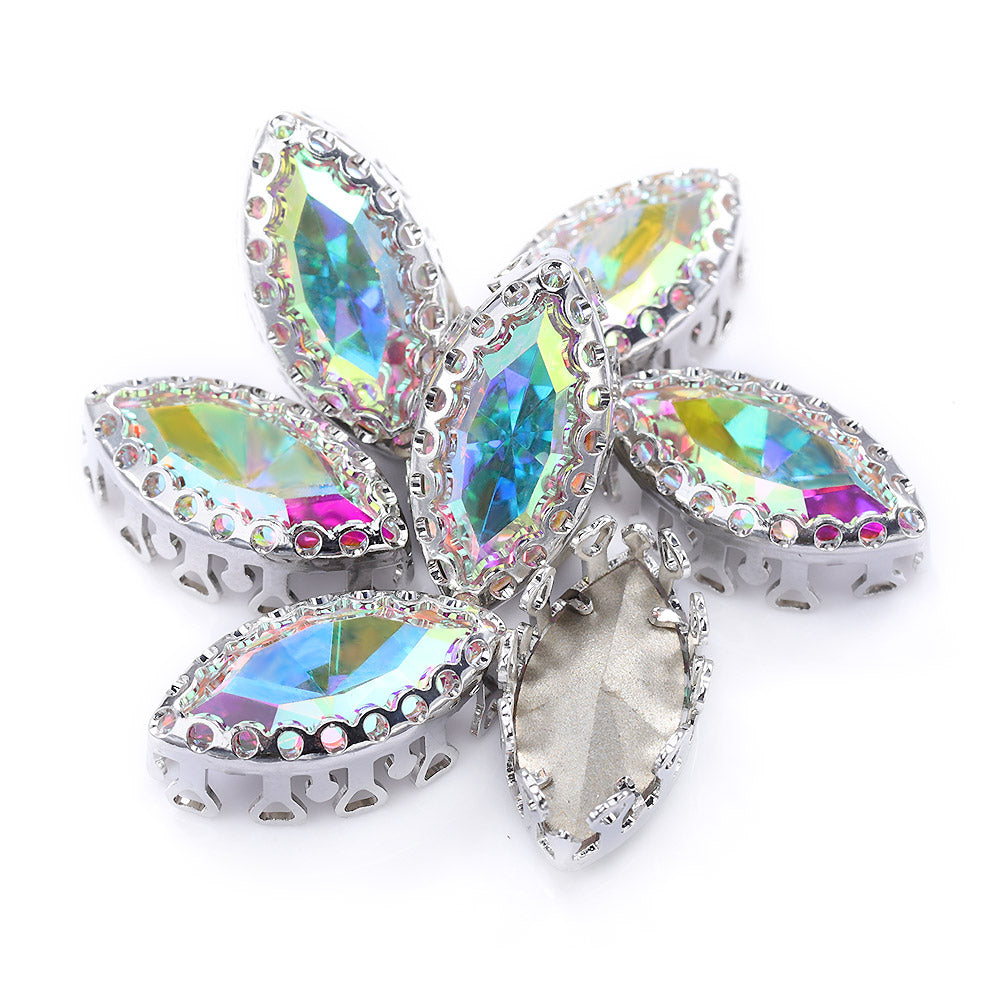Crystal AB Navette Shape High-Quality Glass Sew-on Nest Hollow Claw Rhinestones WholesaleRhinestone