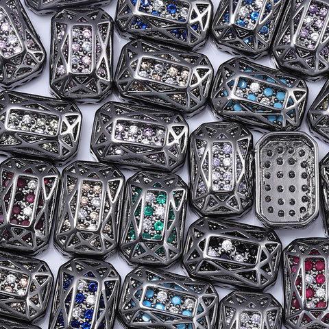 Octagon Shape Hematite Plated High-Quality Sew-on Alloy Charms Inlaid Cubic Zirconia