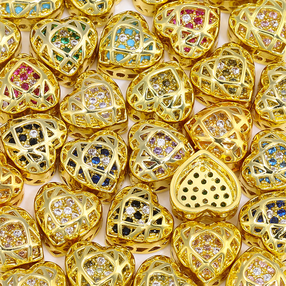 Heart Shape Golden Plated High-Quality Sew-on Alloy Charms Inlaid Cubic Zirconia WholesaleRhinestone Hauptbild